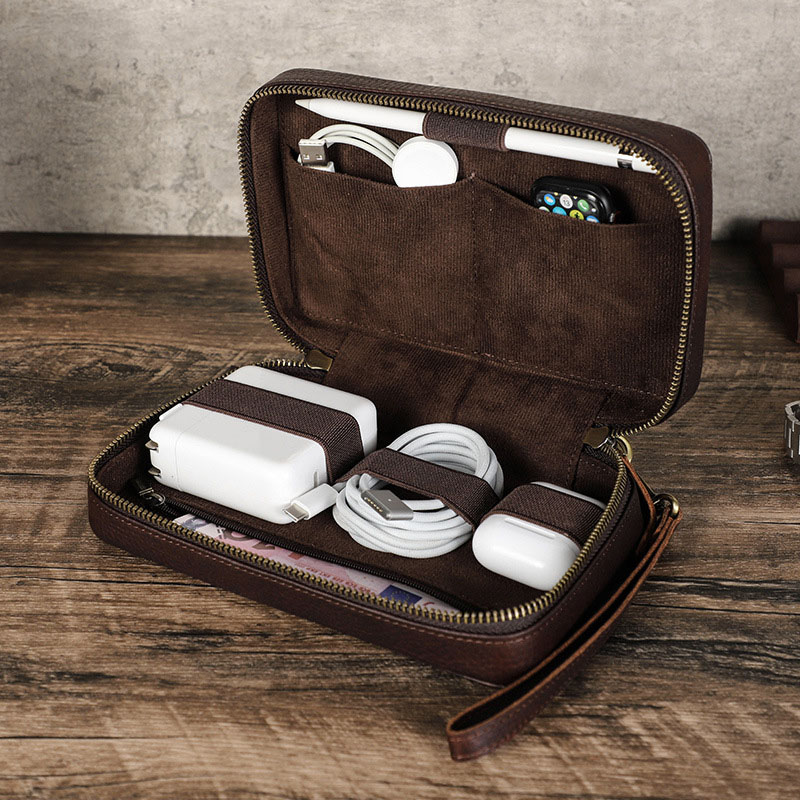Tech Accessories Travel - Vintage Brown Genuine Cowhide Leather Tech